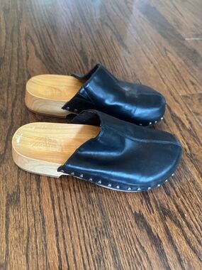 Zara Black Leather Clog Mules with Wooden Sole